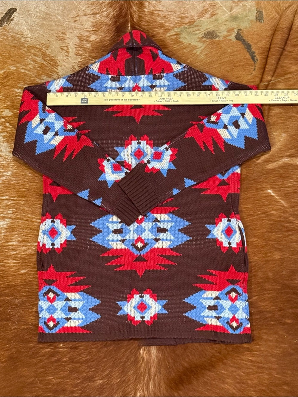 Lucky Brand Aztec Print Shawl Collar Cardigan Brown Red Blue M - Picture 5 of 10